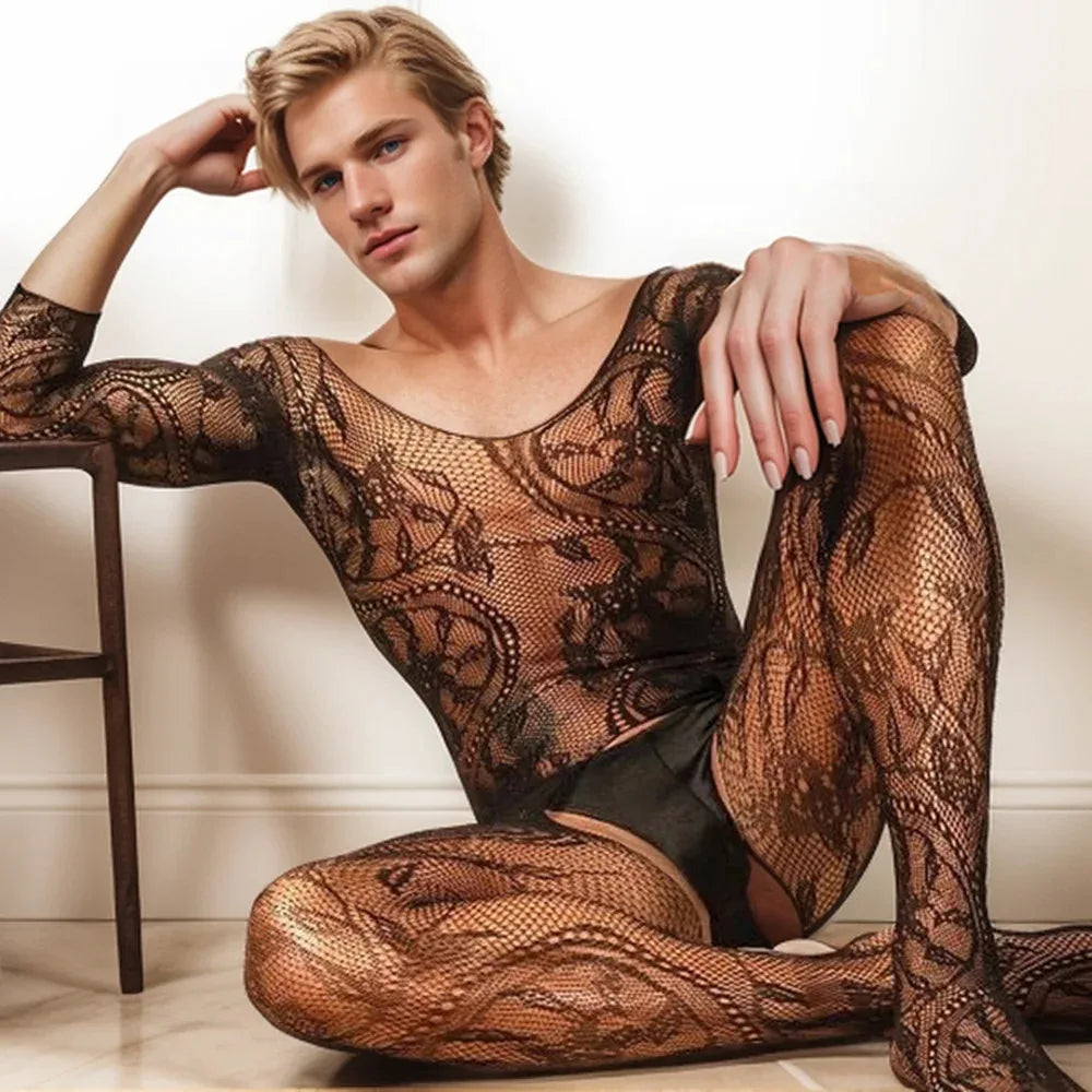 Men’s Round-Neck Fishnet Bodysuit