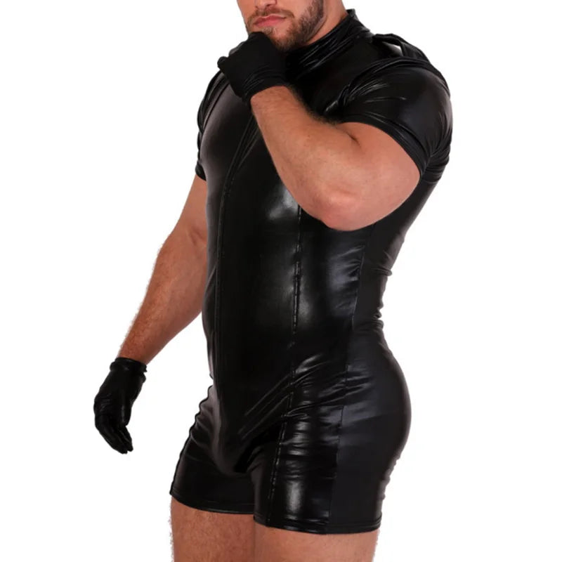 Wetlook Zip-Front Short Jumpsuit