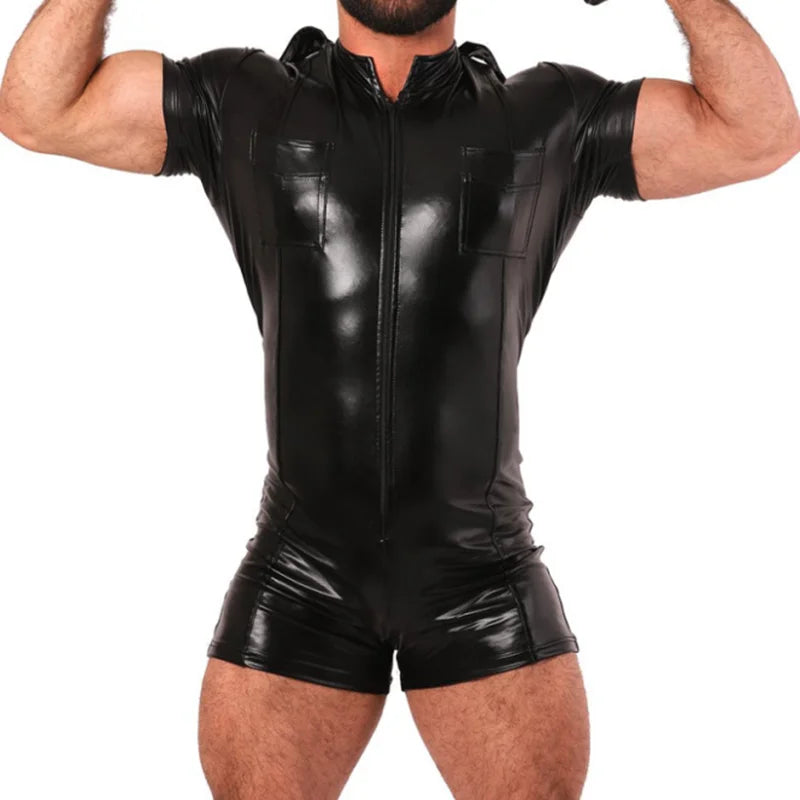 Wetlook Zip-Front Short Jumpsuit