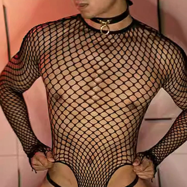Men’s Round-Neck Fishnet Bodysuit