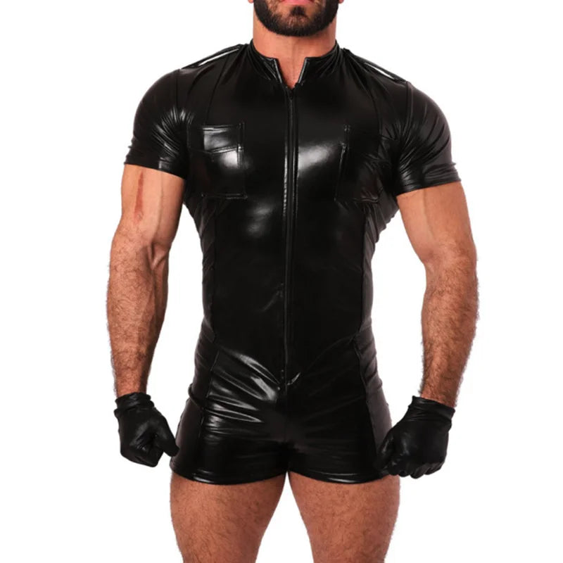 Wetlook Zip-Front Short Jumpsuit